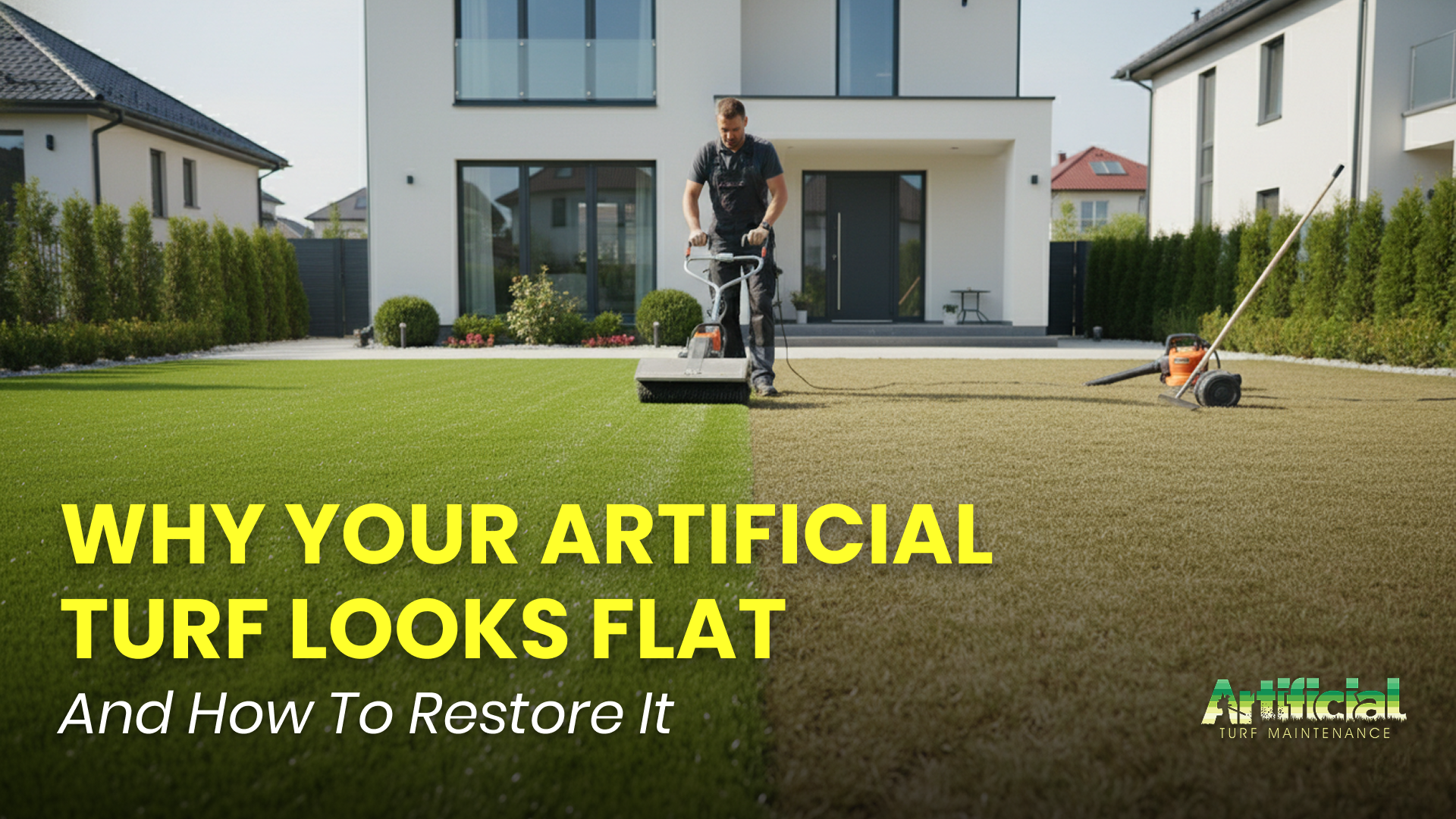 Artificial turf restoration service showing flat vs restored grass with power brushing in residential yards .