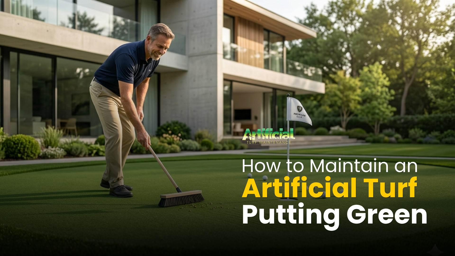 Man brushing an artificial turf putting green in a residential backyard