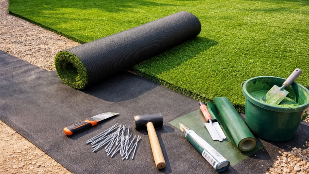 Artificial turf installation materials and maintenance tools on synthetic grass for infill replacement and professional turf care in Texas.