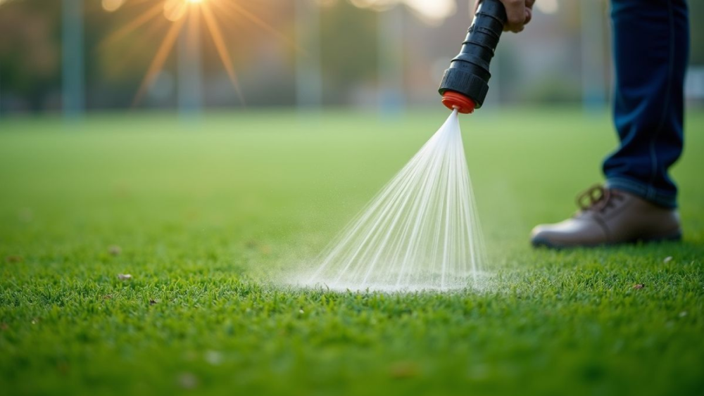 Professional artificial turf cleaning and sanitization service in Texas using water treatment to remove dirt, bacteria, and pet odors from synthetic grass.